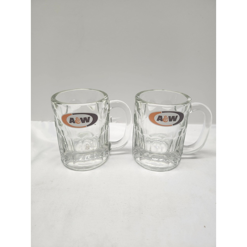 Vintage A&W Root Beer Mini Glass Mugs Set of 2 Clear Soda Memorabilia 3.25in